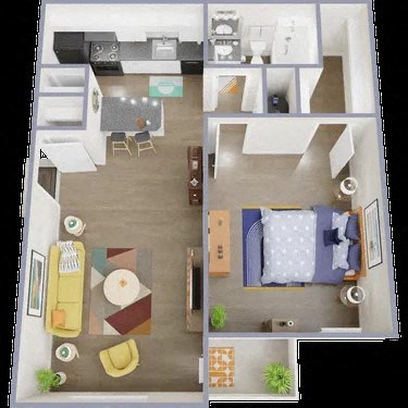 a 3d drawing of a house with a bedroom and a living room